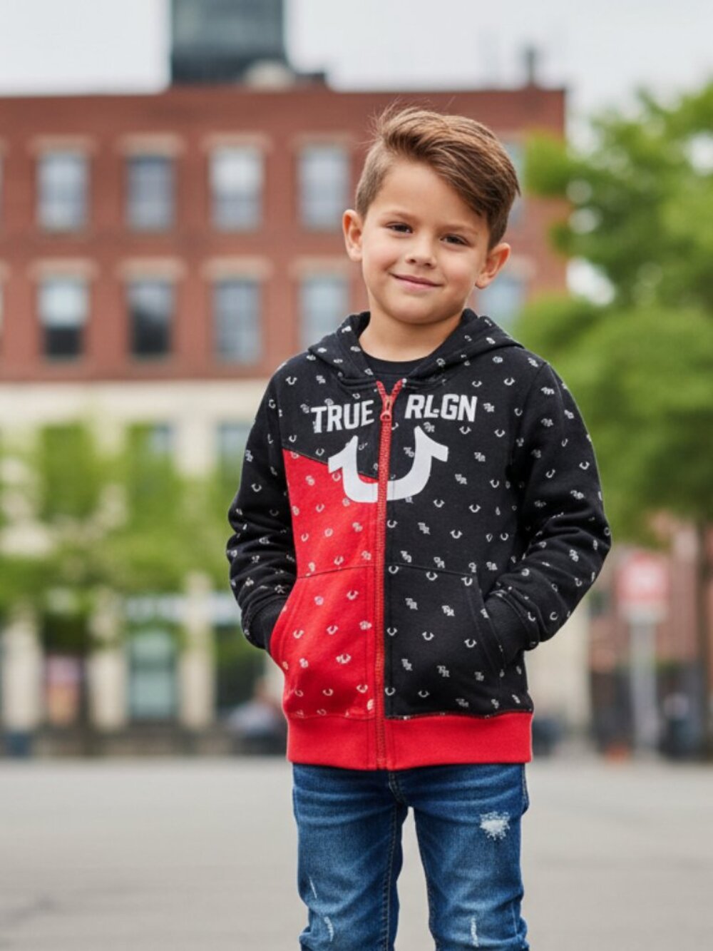 True Religion Kids Split Color Monogram Hoodie NWT Size 6 Black Red